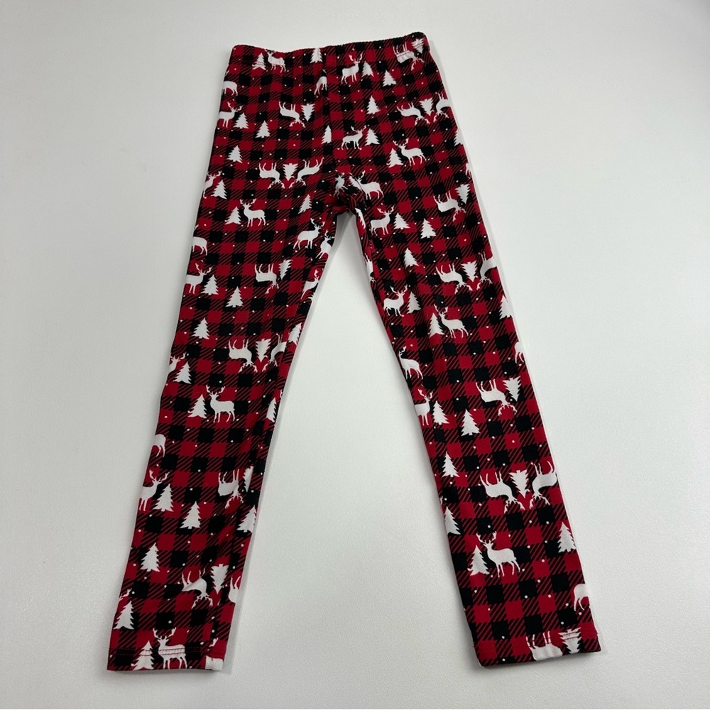 Emma & Elsa Girls Fleece Lined Buffalo Plaid Reindeer Christmas Legging Size 7/8